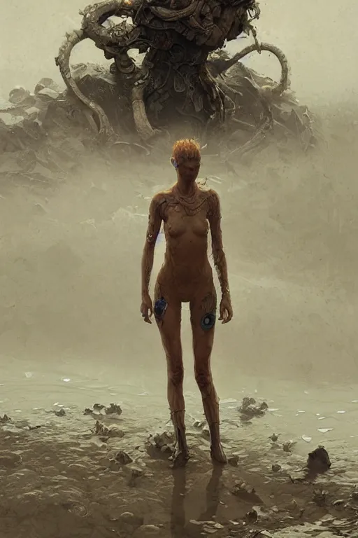 Image similar to a full body portrait of a beautiful post apocalyptic offworld neoicelandic biofarmer swimming by the watering hole, intricate, elegant, highly detailed, digital painting, artstation, concept art, smooth, sharp focus, illustration, art by krenz cushart and artem demura and alphonse mucha