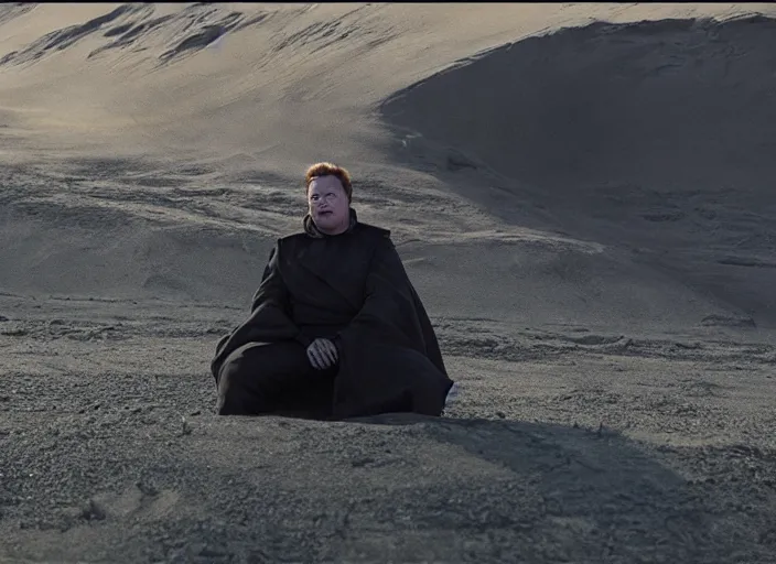 Prompt: elon musk as baron harkonnen in a black oil bath, Dune, Denis Villeneuve, film look