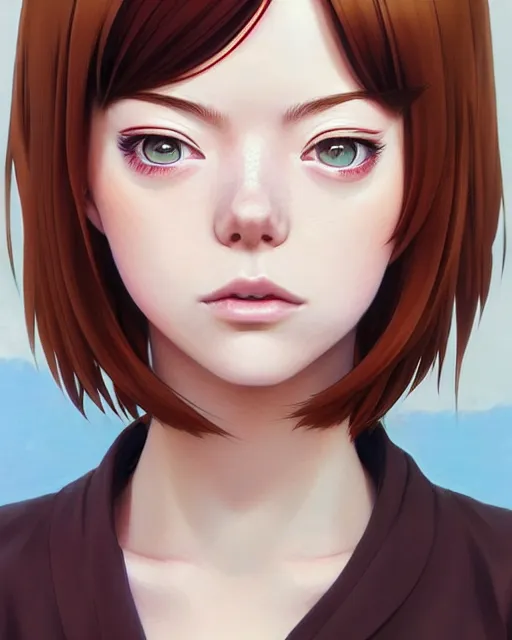 Image similar to portrait Anime as Emma Stone girl cute-fine-face, brown-red-hair pretty face, realistic shaded Perfect face, fine details. Anime. realistic shaded lighting by Ilya Kuvshinov katsuhiro otomo ghost-in-the-shell, magali villeneuve, artgerm, rutkowski, WLOP Jeremy Lipkin and Giuseppe Dangelico Pino and Michael Garmash and Rob Rey