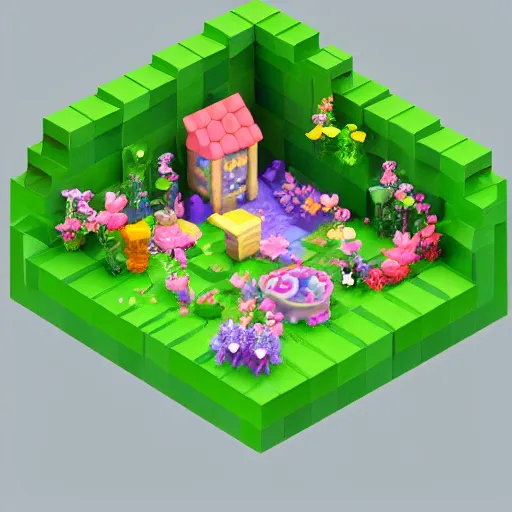 Image similar to 3D isometric cubic cute fairy garden, isometric voxel, 3D