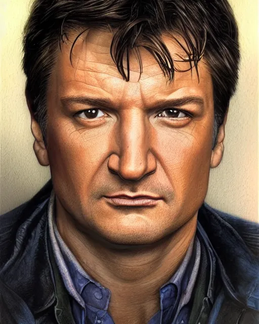 Prompt: portrait of nathan fillion as malcolm reynolds from firefly, very detailed eyes, hyperrealistic, very detailed painting by glenn fabry, by joao ruas