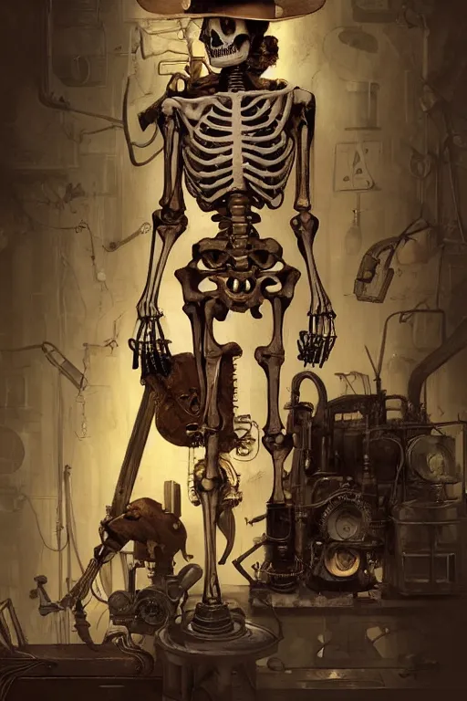 Image similar to Skeleton steampunk by Norman Rockwell, digital painting, artstation, concept art, sharp focus, cinematic lighting, illustration, cgsociety