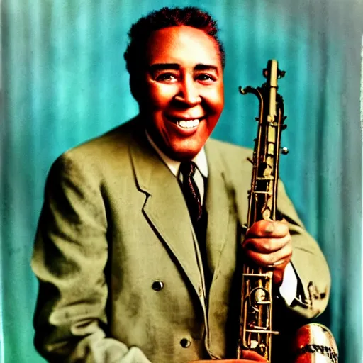 Image similar to realistic photo of old charlie parker at age 7 6, smiling, vintage colorized photo