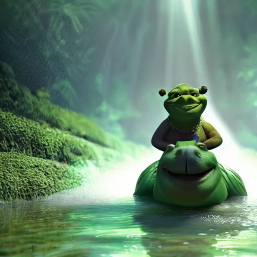 Image similar to Kanye West riding an aligator, next to (Shrek), splash art, movie still, cinematic lighting, dramatic, octane render, long lens, shallow depth of field, bokeh, anamorphic lens flare, 8k, hyper detailed, 35mm film grain