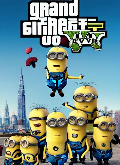 Image similar to grand theft auto 5 cover art of minions from despicable me