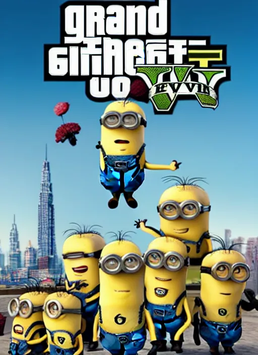 Prompt: grand theft auto 5 cover art of minions from despicable me