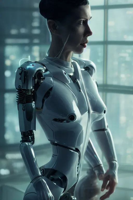 Image similar to cinematic shot of a cyborg woman with a porcelain body, perfect body, athletic, delft porcelain, led details, blade runner, ghost in the shell, futuristic, 8 k resolution, hyperdetailed, beautiful lighting, octane rendered, poser, photorealistic, exquisite details
