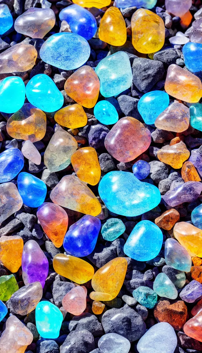 Prompt: highly detailed realistic photo of transparent stones pile, backlit by sun light, vibrant cool colors, award winning masterpiece photo, hyper realistic, concept art, 8 k detail post - processing