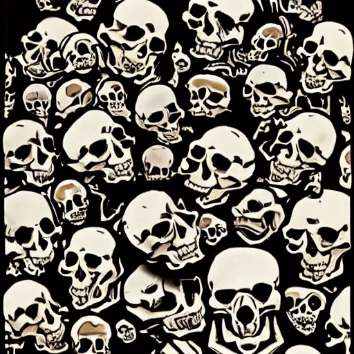 Image similar to skulls dancing along with a bunch of bones, world melting, 8 0 s science fiction, insanity