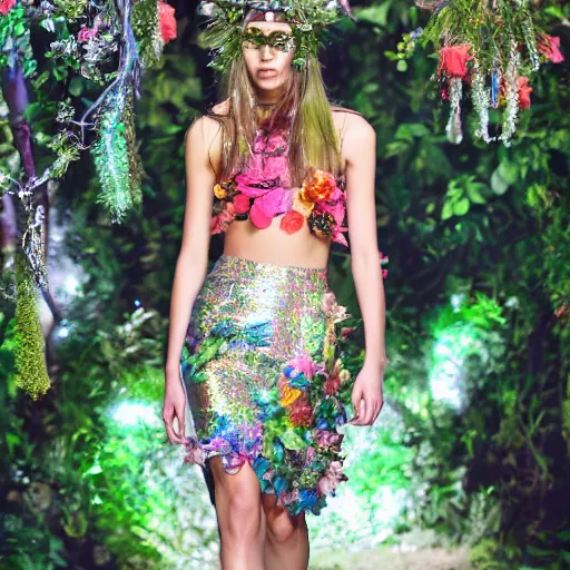 Prompt: young model wearing valentino 2 0 1 4 floral skirt and jeweled headpiece in a cyber holographic jungle, flowers