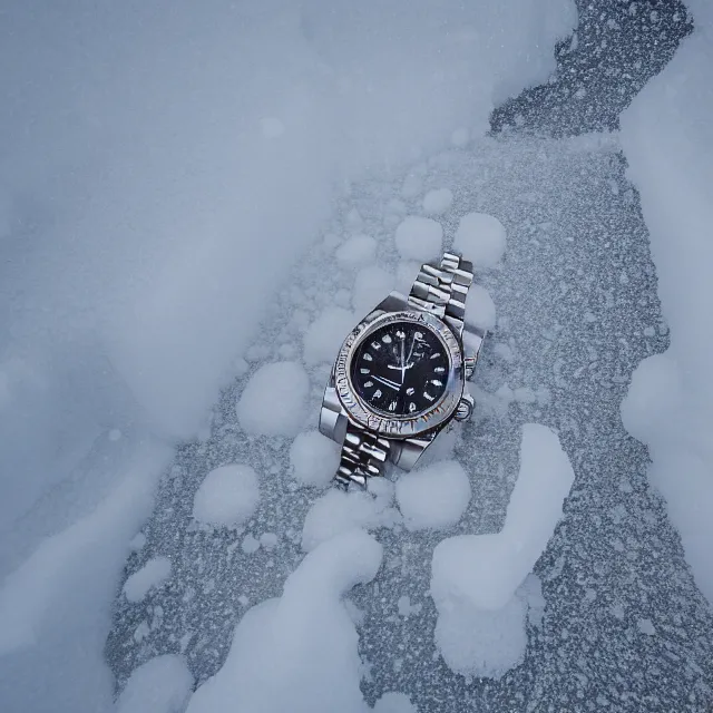 Image similar to a rolex covered in ice, buried in the snow. photo, canon, 8 k hd