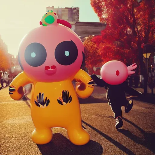 Prompt: yayoi kusama being chased by a ballon dog, nendroid, art by wgreg rutkowski. during golden hour. extremely silly in style of butcher billy.