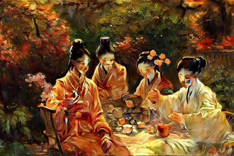 Prompt: wuxia, autumn, people drinking tea in garden, neon light, apricot flower falling, painting by gaston bussiere, craig mullins, j. c. leyendecker