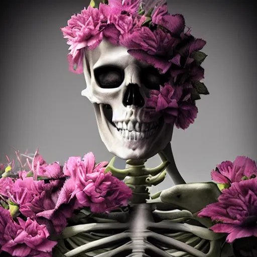 Image similar to cinematic shot epic portrait skeleton wearing a dark robe covered in flowers, hyper realistic, mood lighting, fantasy, detailed face, highly detailed, super realistic, perfect lighting