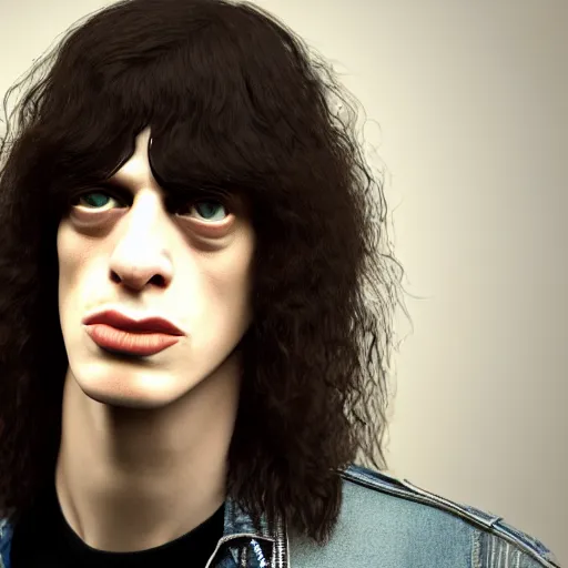 Image similar to The Lovechild of Joey Ramone and Young Mick Jagger, real life, hyperrealistic, ultra realistic, realistic, highly detailed, epic, HD quality, 8k resolution, body and headshot, front facing, front view, headshot and bodyshot, detailed face, very detailed face