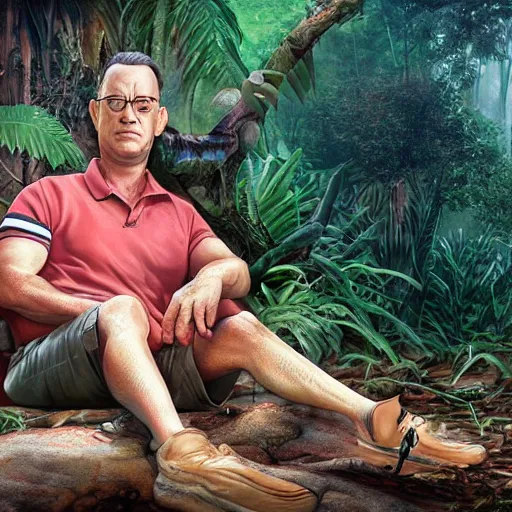 Image similar to Tom Hanks as forrest gump sitting on a giant shrimp in the jungle, realistic digital painting, in the style of Aleksi Briclot, photoreailstic, realistic face, amazing detail, sharp