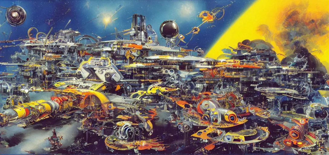 Image similar to a hypercomplex ray-gun gauss-cannon with numerous gadgets and doodads painted by john berkey and dr seuss