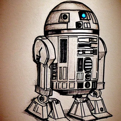 Image similar to a pencil sketch of the droid r 2 d 2 by leonardo davinci, star wars, droid, machine, sketch, da vinci, old masters, paper,