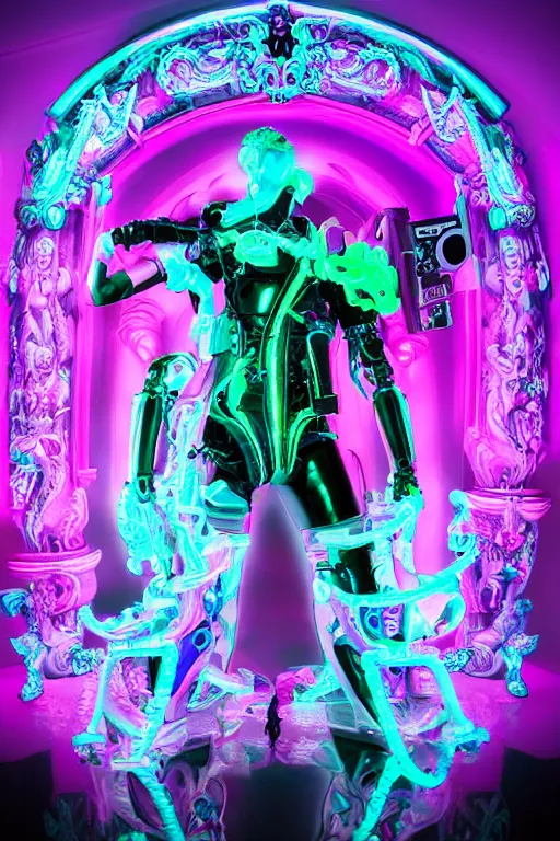 Prompt: full-body neon porcelain baroque cyberpunk style sculpture of a muscular handsome prince as a high-fashion half-robot wearing retro shades with a porcelain body, corrupted battery, leaking glowing neon radioactive liquid, electric sparks, glowing violet laser beam eyes, crown of giant crt monitors, flowing pink and orange neon-colored glitched silk, luminescent fabrics, mechanical raptors. baroque and steampunk elements. full-length view. baroque element. intricate artwork by caravaggio. Very very very very highly detailed epic photo of face. Trending on artstation, octane render, cinematic lighting from the right, hyper realism, octane render, 8k, depth of field, 3D