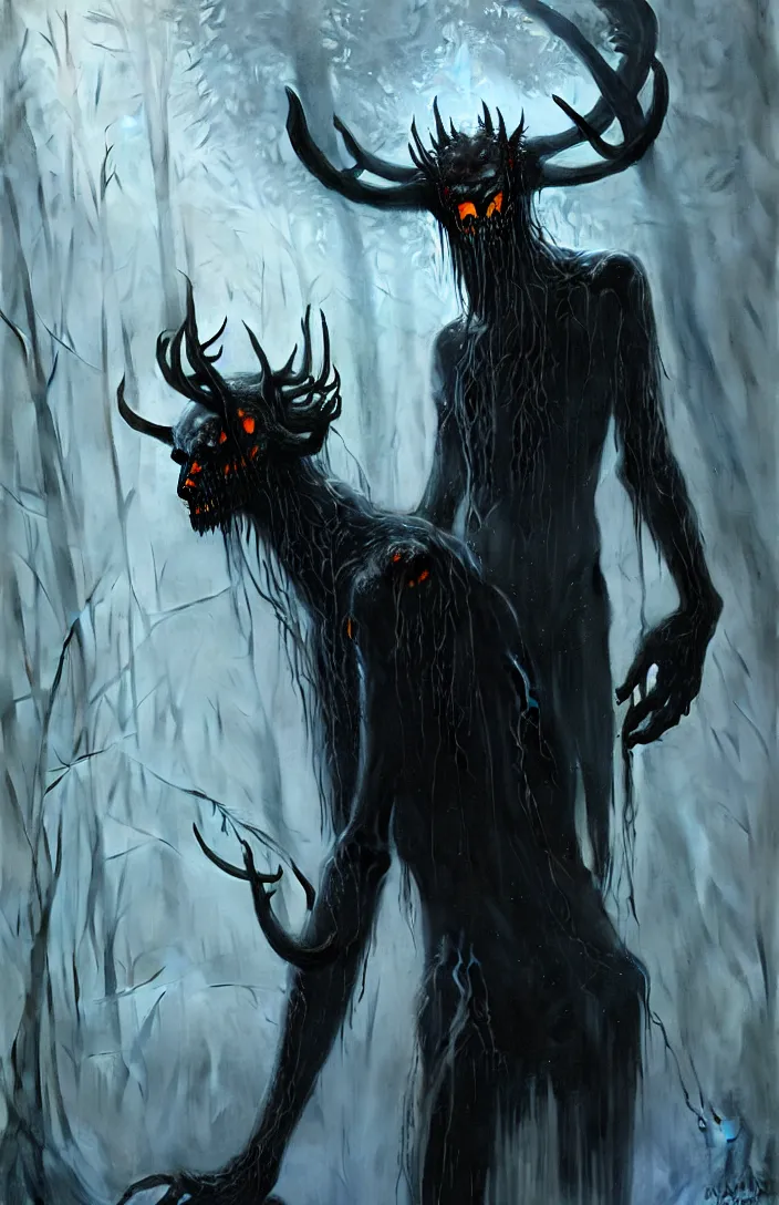 Image similar to translucent Wendigo with flaming eyes, veiled in mist, heroic lighting, dark fantasy, intricate, elegant, highly detailed, lifelike, photorealistic, digital painting, artstation, illustration, concept art, smooth, sharp focus, art by John Collier and Albert Aublet and Krenz Cushart and Artem Demura and Alphonse Mucha