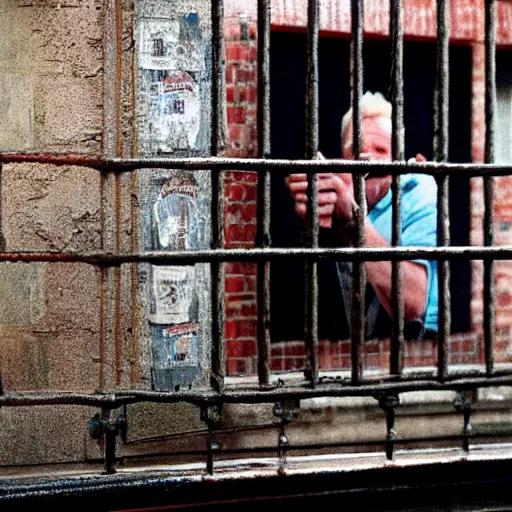 Image similar to scene from shawshank redemption of boris johnson behind bars, photorealistic, highly detailed 8 k