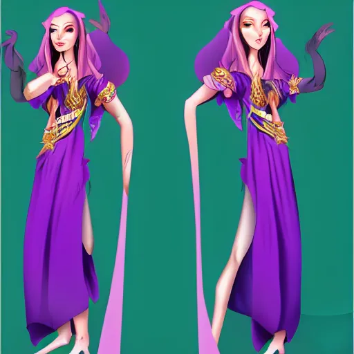 Image similar to mythical goddess from the 4th dimension wearing a comically long dress and robe, purple colors, character concept art, trending on artstation