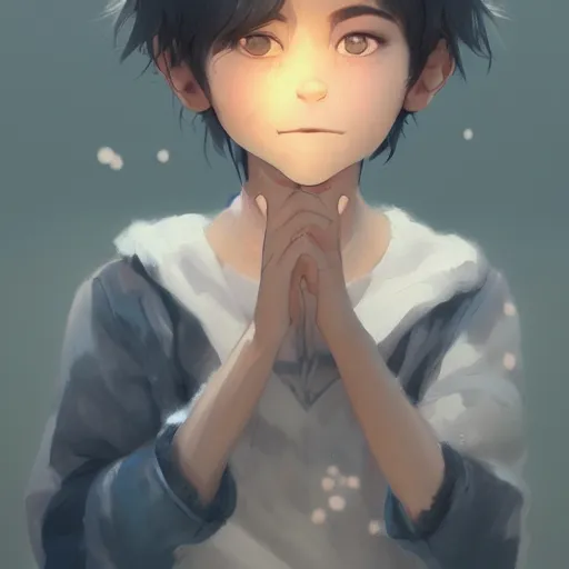 Prompt: a child with grey skin with blues and short brown hair, holding fire, highly detailed, digital painting, artstation, matte, by makoto shinkai, animation style