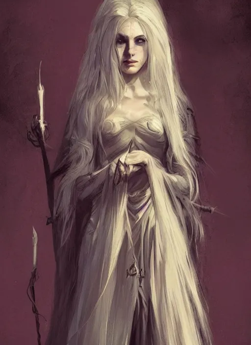 Prompt: tarot!!, pale, beautiful witch with long hair, fantasy medieval, no noise, elegant, concept art, sharp focus, beautiful face!!, digital art, smooth defined outlines!!, by Brom, trending on Artstation, Tom Bagshaw, Sargent