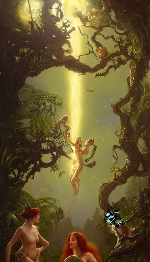 Image similar to hyper realistic aliens battling a golden goddess, lush plants, kittens, full moon, light rays, gnarly trees by tom bagshaw, mucha, gaston bussiere, craig mullins, j. c. leyendecker 8 k