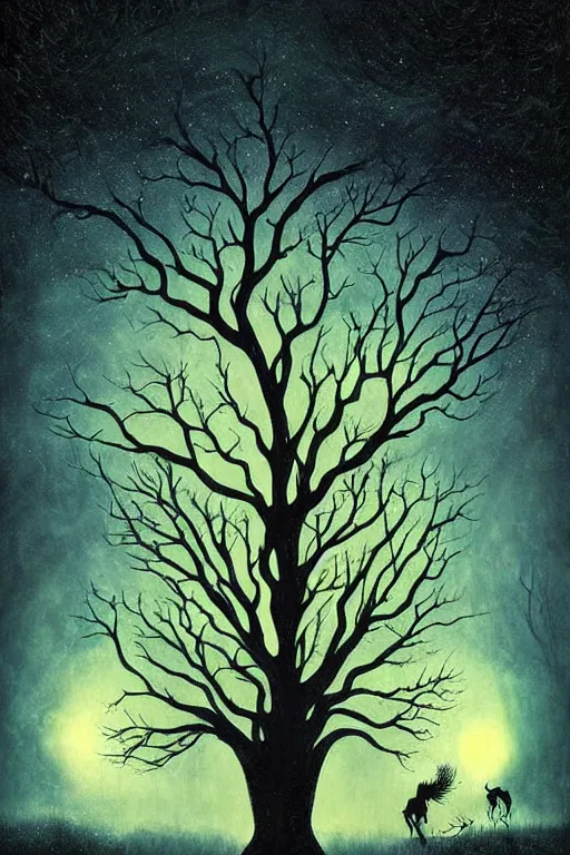 Image similar to surreal, fantasy, fairytale animals, ancient oak tree, haunted woods in silhouettes, by andy kehoe