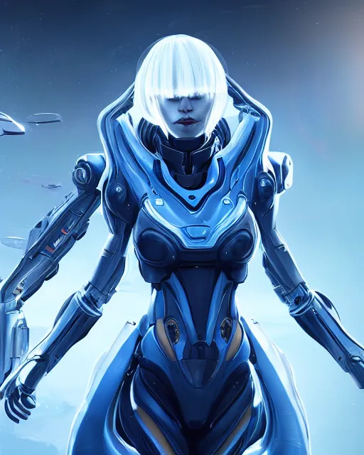 Image similar to perfect android girl on a mothership, warframe armor, beautiful face, scifi, futuristic, galaxy, nebula, raytracing, dreamy, long white hair, blue cyborg eyes, sharp focus, cinematic lighting, highly detailed, artstation, divine, by gauthier leblanc, kazuya takahashi, huifeng huang