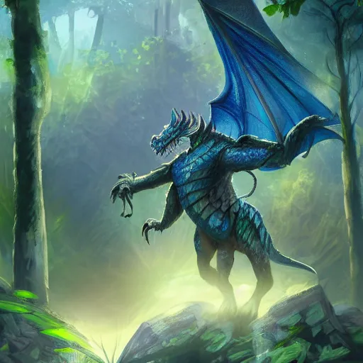 Image similar to A dragonborn with blue scales in a rainforest, trending on artstation, digital art