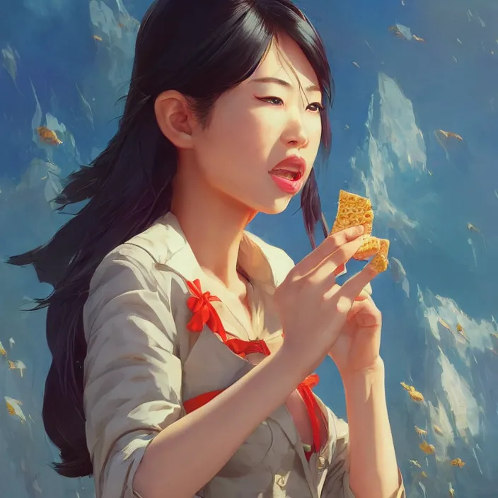 Image similar to asian girl eating a ritz cracker by artgerm, tooth wu, dan mumford, beeple, wlop, rossdraws, james jean, marc simonetti, artstation giuseppe dangelico pino and michael garmash and rob rey and greg manchess and huang guangjian and makoto shinkai