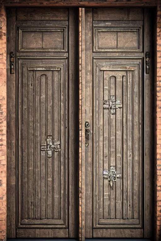 Image similar to a huge old weathered dark brown wooden door with shiny metallic rush plant ornaments, ornate, fantasy, photorealistic, realistic, octane render, volumetric light, high definition, ultra detailed, tranding on artstation, midjourney