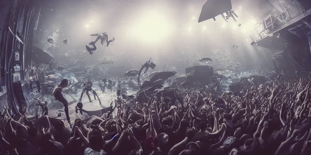 Prompt: An hardcore emo band playing a performance while there is a moshpit going on underwater, realistic digital art 4K, high quality, Greg Rutkowski, Zabrocki, Karlkka, Jayison Devadas, Phuoc Quan, trending on Artstation, 8K, ultra wide angle, zenith view, pincushion lens effect