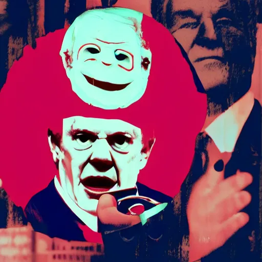 Prompt: newt gingrich in a suit and tie with a creepy face, a screenprint by warhol, reddit contest winner, antipodeans, hellish, anaglyph filter, hellish background