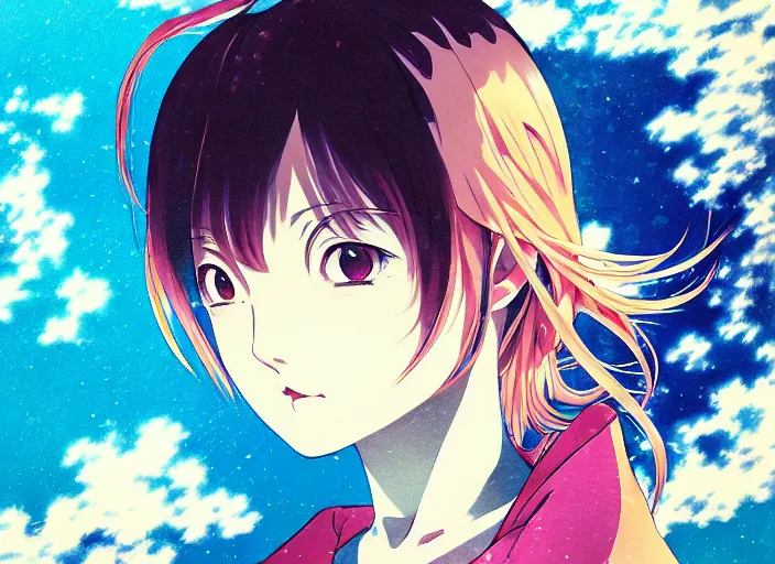 Image similar to yoh yoshinari editorial illustration colorful anime portrait of shiina ringo, murata range, blue submarine no 6, manga, fine texture, detailed, matte colors, perfect anime face, cinematic dramatic lighting, film grain, dynamic composition, moody, vivid, volumetric light, alphonse mucha, fine stippled lighting, ilya kuvshinov