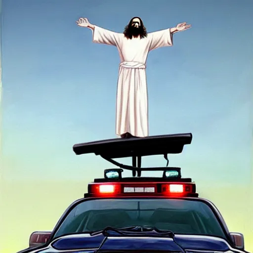 Prompt: hyperrealism painting of jesus christ standing on top of a police car in a police chase