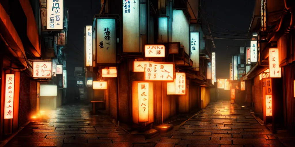 Image similar to a japanese alleyway at night, in the style of blade runner 2049, volumetric lighting