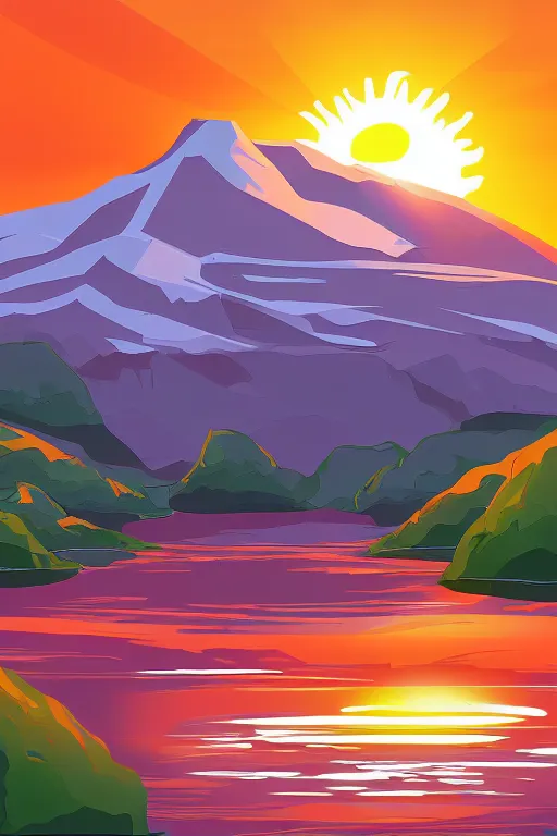 Prompt: sunrise mountain water illustration vector digital art trending on artstation