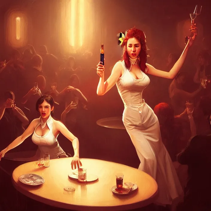 Image similar to waitress singing on a table in a nightclub, elegant, real life skin, intricate artwork, high detailed, artstation, concept art, smooth, sharp focus, art by artgerm and greg rutkowski