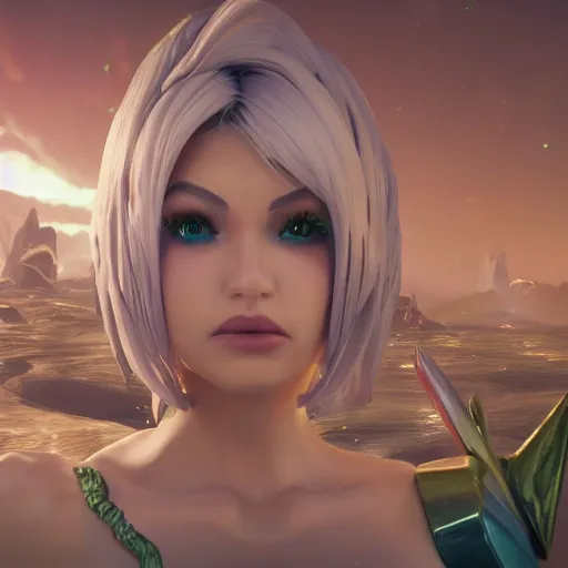 Image similar to still of pretty Riven (League of Legends) in KDA music video. 3d render, octane render, game art, realistic, highly detailed, trending on artstation, 4k, trending on artstation, pixar, cgsociety, unreal engine 5, redshift render, trending on artstation, blender, behance, cg