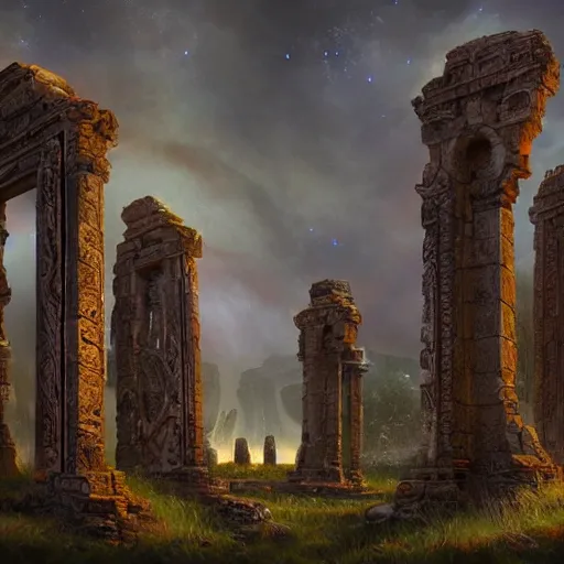 Prompt: the carved, ornate gatehouse to the celestial immaculate dimension is found amongst the standing stones of a forgotten civilization. stunning image by Noah Bradley, concept art, otherworldly, ethereal, cosmic energies, mayan ruins