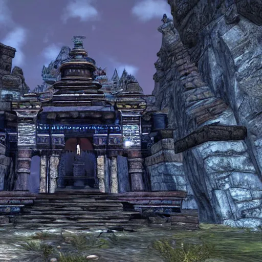 Image similar to a crystalline ancient Indian temple made from soul stones, ornate, beautiful in the style of skyrim by Bethesda Game studios