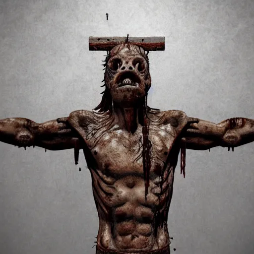 Image similar to a highly detailed realistic photographic render crucified bloody humanoid pig, bloody christ with the head of a pig, dead souls, religious sculpture, creepy, cinematic lighting, cinematic scene, Volumetric lighting, Atmospheric scene, Dark, Horror, Atmospheric lighting, Global illumination, realistic, photo realism, hyper realistic, hyper realism, photo realisitc, cinematic render, film, beautifully lit, ray traced, octane 3D render, octane render, unreal engine