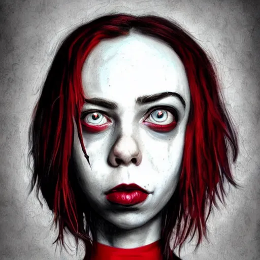 Prompt: surrealism grunge cartoon portrait sketch of billie eilish with a wide smile and a red balloon by - michael karcz, loony toons theme, pennywise theme, horror style, detailed, elegant, intricate