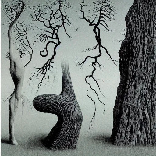 Prompt: tree bones by zdzisław beksinski and rene magritte by wally wood