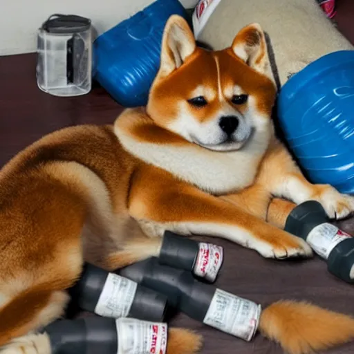 Prompt: shiba inu passed out next to pile of nitrous oxide canisters. extremely realistic.