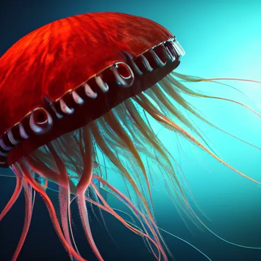 Image similar to a beautiful extreme wide photograph of a horrifying jellyfish monster with huge glowing eyes and sharp fangs in a wide open mouth, highly detailed, smooth, very very clean, 8 k, cinematic movie photograph, cinematic lighting, octane render, zbrush central contest winner, 3 d maya render