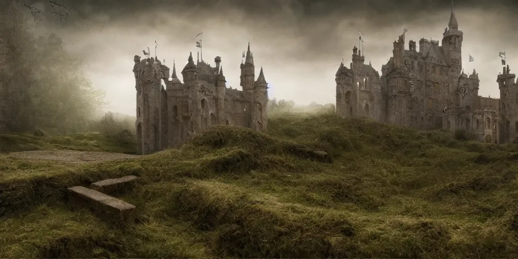 Prompt: matte painting, castle, dramatic landscape, overgrown, cinematic, overcast, interior light, rain, slight fog, mystical